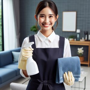 A professional and friendly maid wearing a neat uniform, holding a cleaning spray and cloth, smiling confidently in a modern, well-lit home.