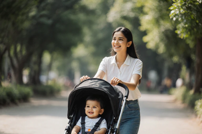 Baby Sitter in Mumbai walking a baby in a stroller outdoors