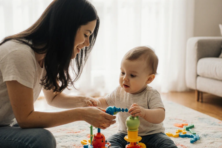 Baby Sitter in Mumbai playing with a toddler on a play mat